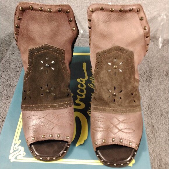 Sbicca Western Peep Toe Heels Size 6 Brown Suede Leather Studded Boho Sandal Nib - Picture 1 of 14